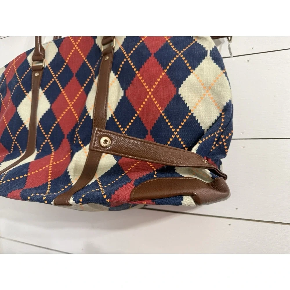 LULU DHARMA Stewart Blue Red Argyle Vegan‎ Leather Duffel Handbag NEW